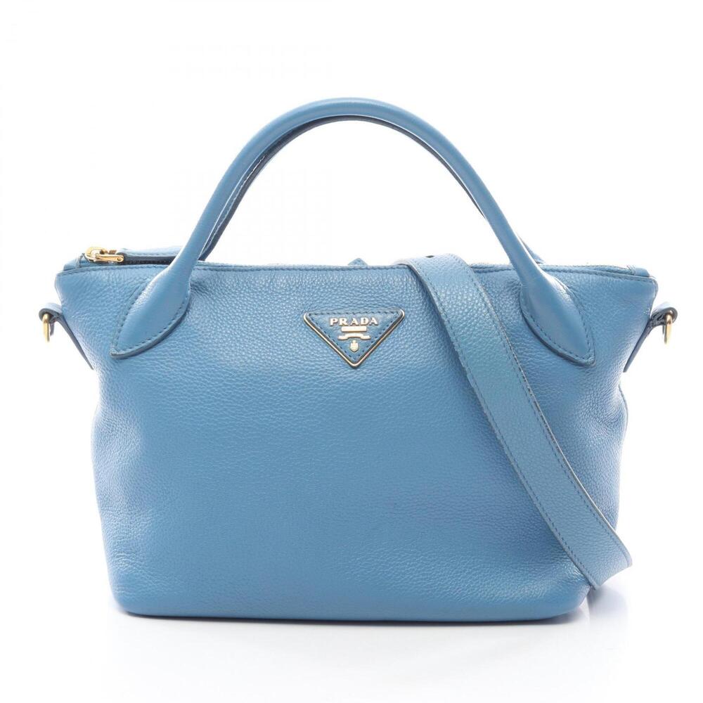 Prada PRADA Triangle Plate 2-Way Handbag Leather for Women Blue